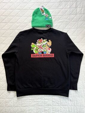 Nintendo Bandai Super Mario Crewneck Sweatshirt & Luigi Beanie Bundle - Men’s L